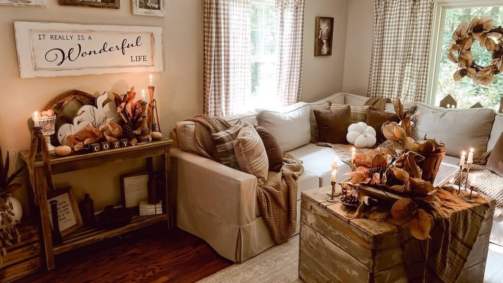 Cozy farmhouse living room with a beige sectional, plaid throw pillows, a wreath in the window, and a weathered wood crate coffee table styled with a white pumpkin and candles for fall
