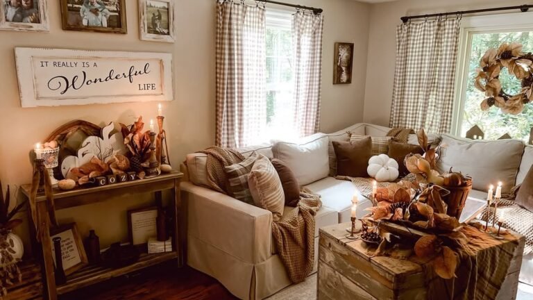 Cozy fall living room decorated with plaid throw pillows, small pumpkins, gingham curtains, and warm neutral tones