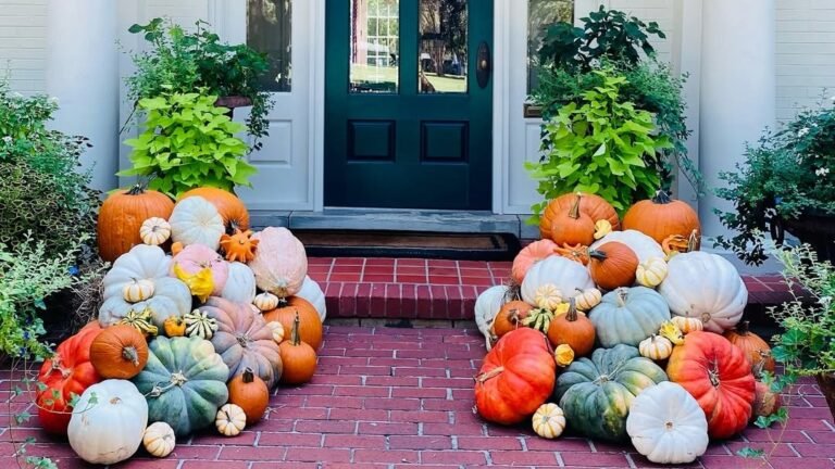 Two overflowing piles of orange, white, sage, and blush pumpkins spilling across a red brick path leading to a teal front door