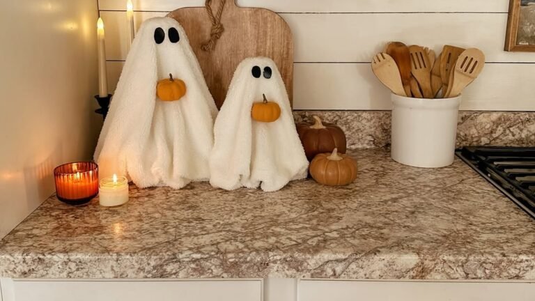 Fall kitchen counter decor with towel ghosts, mini pumpkins, and candles on a granite countertop