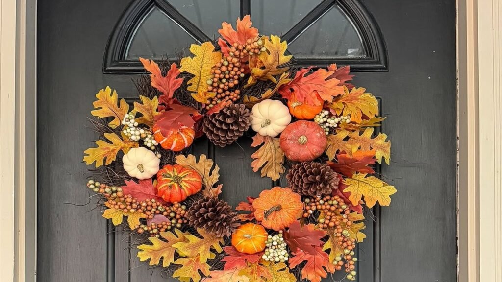 Fall wreath covered in mini pumpkins, pinecones, and red autumn leaves on a black front door