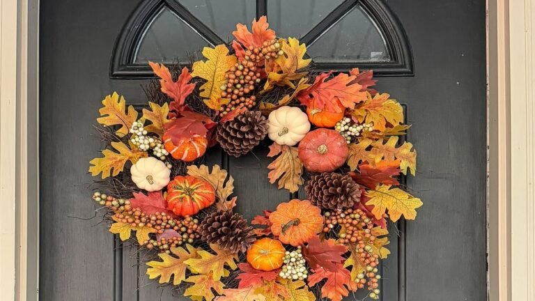 Fall wreath covered in mini pumpkins, pinecones, and red autumn leaves on a black front door
