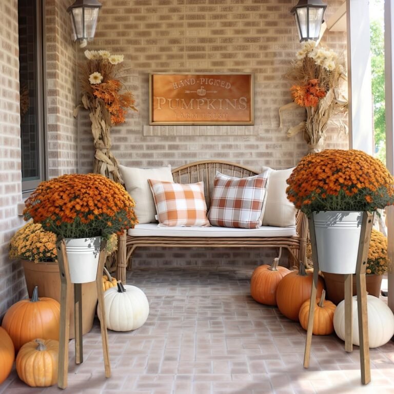 Front porch decorated with orange pumpkins, potted mums, and a fall wreath on the door