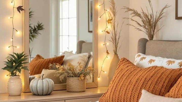 Mirror framed with warm string lights, a small white pumpkin, and dried pampas grass beside a bed layered with rust orange knit pillows