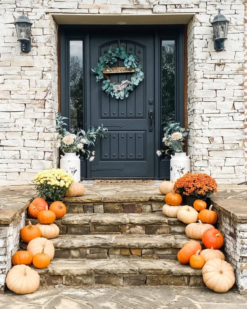 High end fall decor porch with graduated neutral pumpkins on stone steps and a navy front door