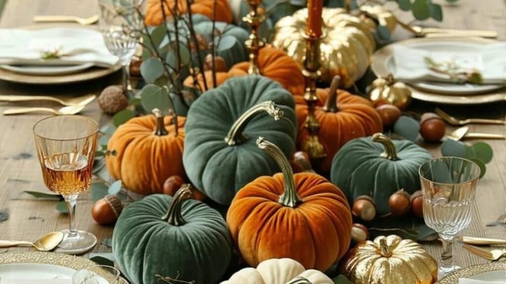 Velvet pumpkins in green, orange, white, and gold clustered together on a wood table with eucalyptus and acorns for a fall centerpiece