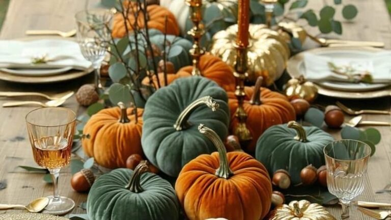 Velvet pumpkins in orange, sage green, white, and gold arranged as an elegant fall table centerpiece with candles, eucalyptus, and rustic Thanksgiving table decor.