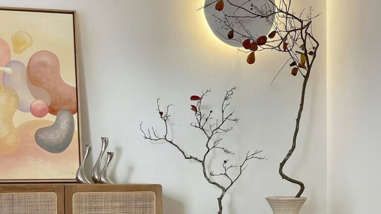 Bare fall branches with red leaves in ribbed ceramic vases styled against a white wall with a glowing round wall lamp and rattan cabinet, Japandi fall decor idea