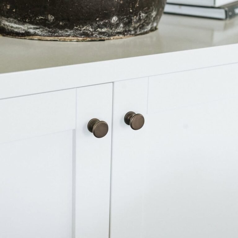 Two round aged bronze knobs centered on white Shaker cabinet doors, showing how dark knobs upgrade painted cabinets to look custom.