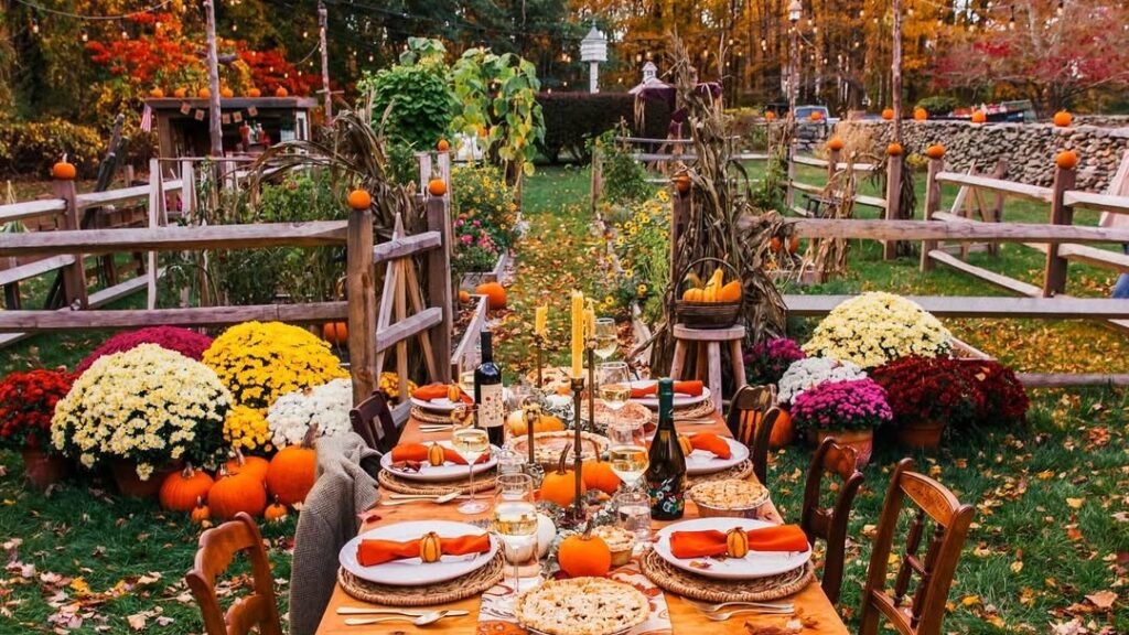 Long outdoor Thanksgiving table set with candles, wine, and a pumpkin pie, flanked by yellow, white, and burgundy mums, with string lights and fiery fall foliage above a wood-fenced garden path