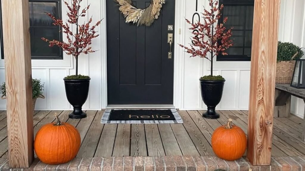 Farmhouse Thanksgiving front porch with a black door, dried wreath, and berry trees in black urns, flanked by two whole pumpkins on a brick step