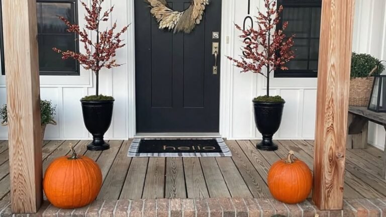 Farmhouse Thanksgiving front porch with a black door, dried wreath, and berry trees in black urns, flanked by two whole pumpkins on a brick step