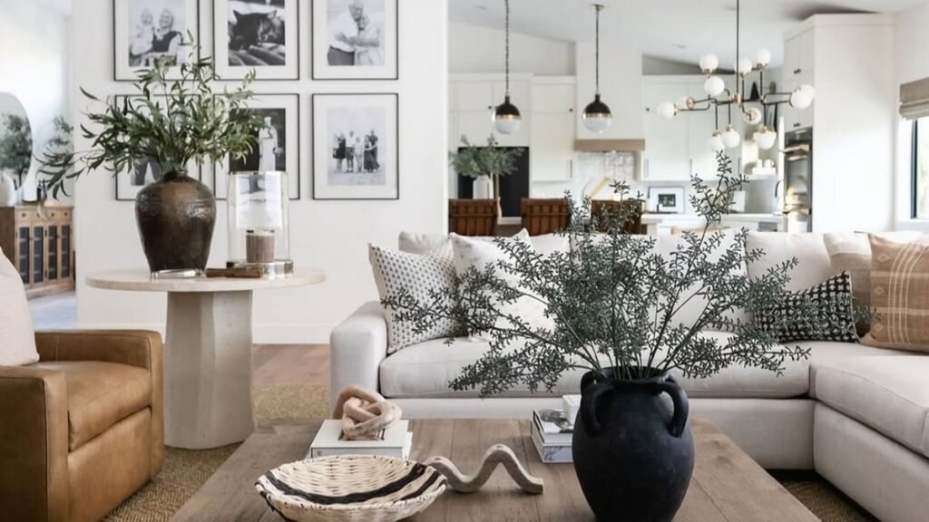 Bright open-plan living room with a live-edge wood coffee table, black stoneware vase with olive branches, cane accent chair, and a neutral sectional sofa