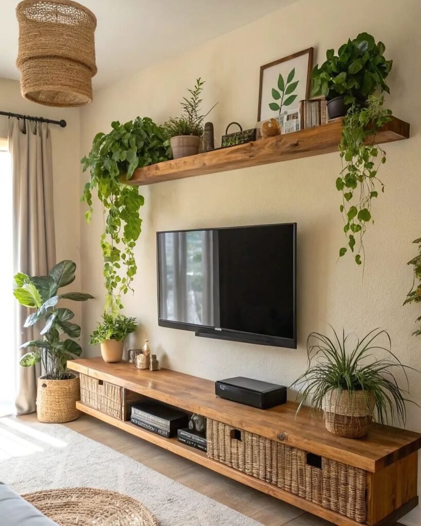 Wood TV console styled with baskets and books, floating shelf above filled with trailing green plants and framed art