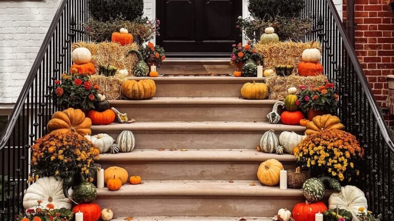 Front steps lined with orange and white pumpkins, gourds, and orange mums stacked on hay bales beside a black front door for Thanksgiving staircase decor