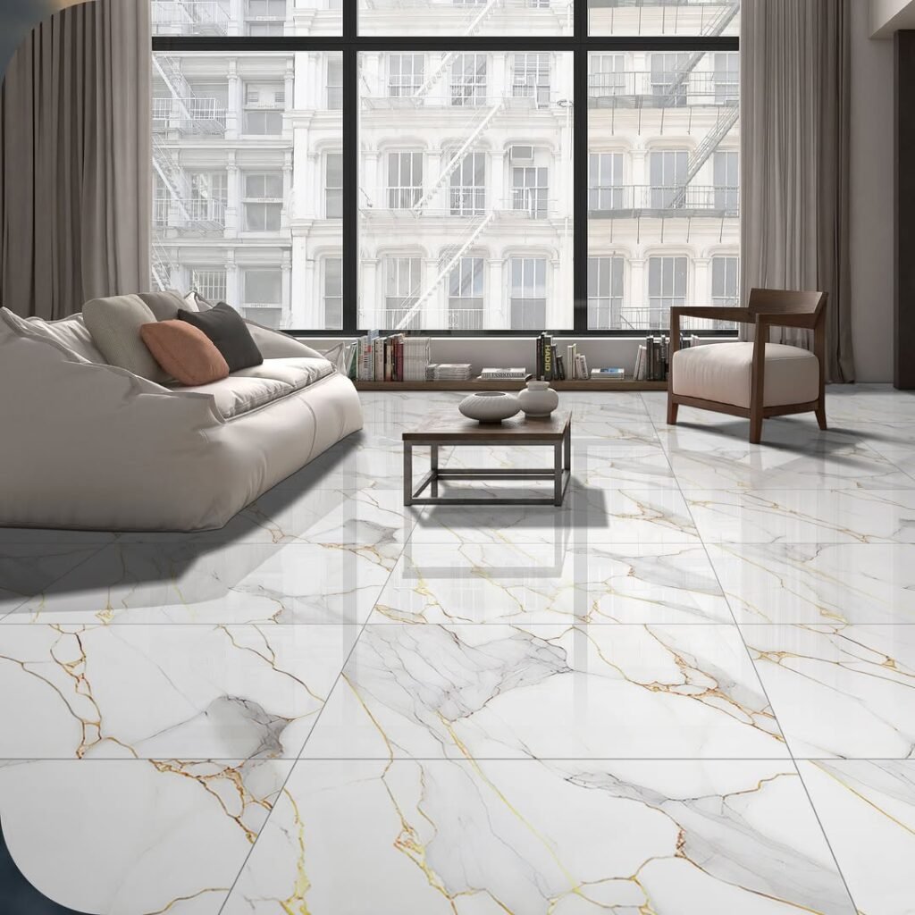Living room with glossy gold-veined white Calacatta marble-look porcelain floor tiles, beige sofa and floor-to-ceiling windows
