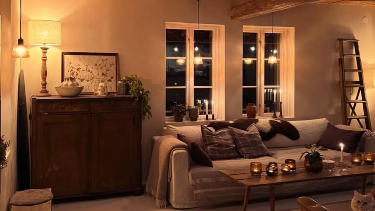Cozy candlelit living room at night with a beige sofa, wood beam ceiling, and warm lamp light