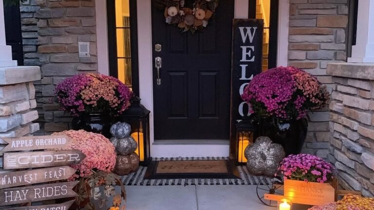 A black front door decorated with a fall wreath and hanging 'Welcome' sign, flanked by large magenta and pink mums in black planters, glittery silver pumpkins, and wooden 'Apple Orchard, Hot Cider, Hay Rides' directional signs, lit by candlelight at dusk