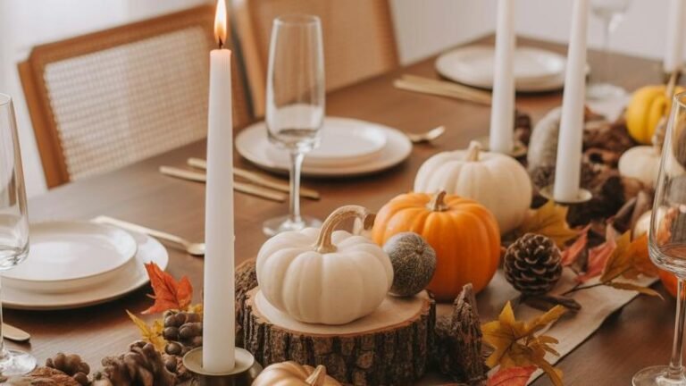 White and orange pumpkins clustered on a wood slab centerpiece with a lit taper candle on a Thanksgiving table