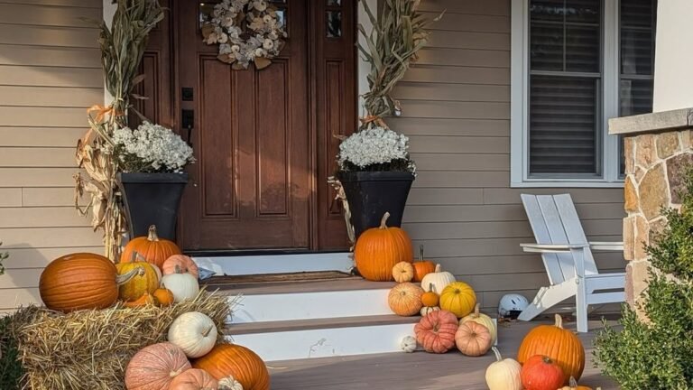 A cascade of orange, white, and pink pumpkins spills straight onto the wooden steps of a colonial front porch, with corn stalks and a hay bale framing the entrance, no planter in sight