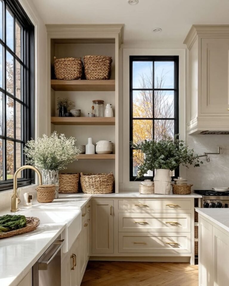 Cream beige kitchen ideas with black-framed windows, open wood shelving, wicker baskets, and brass fixtures.
