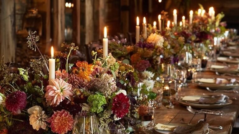 Long Thanksgiving dining table lined with lit taper candles and a dahlia centerpiece