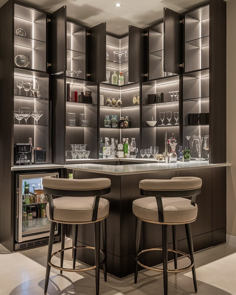 Dark wood corner cabinet bar with backlit glass shelving, glassware, and two barstools