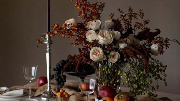 Modern Thanksgiving decor idea with cream garden roses, orange orchids, persimmons, black grapes, and a silver candlestick against a moody wall