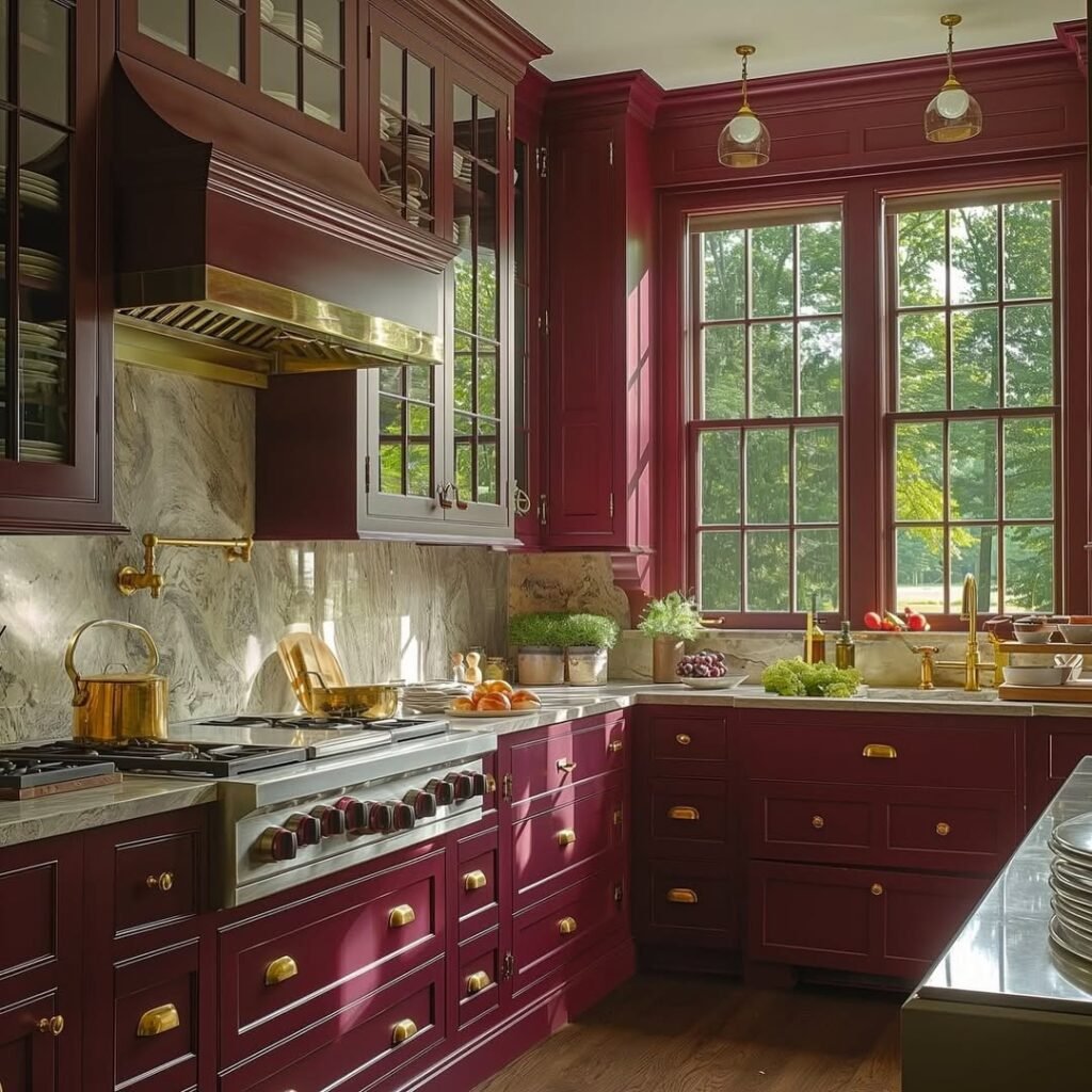 Deep burgundy kitchen cabinets with a brass range hood, marble backsplash, and countertops