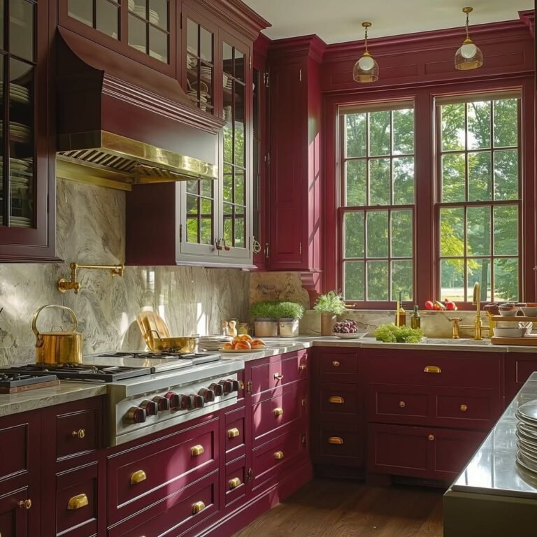 Deep burgundy kitchen cabinets with a brass range hood, marble backsplash, and countertops
