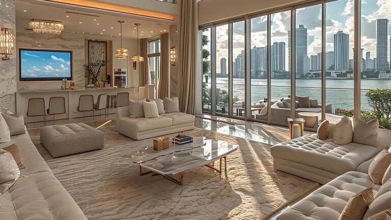 Double-height luxury living room with an oversized crystal chandelier, cream sectional sofas, and floor-to-ceiling windows overlooking a city skyline