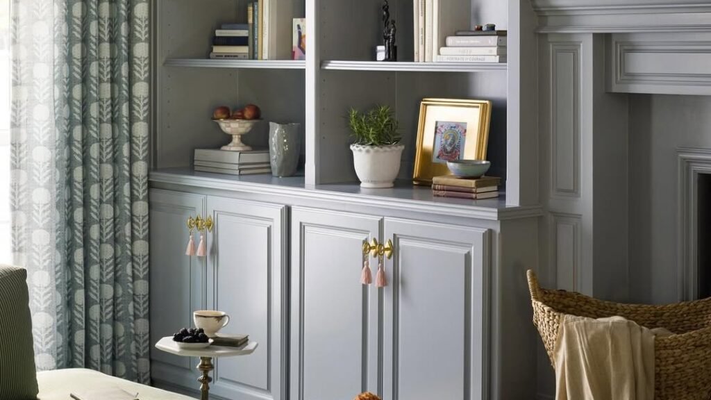 Dove grey built-in shelves and cabinets beside a fireplace in a living room with a green sofa and coffee table