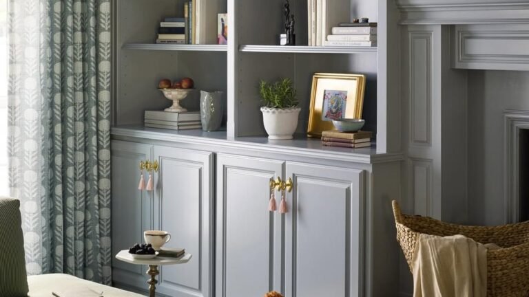 Dove grey built-in shelves and cabinets beside a fireplace in a living room with a green sofa and coffee table