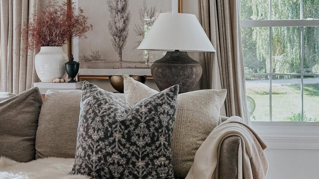 Living room throw pillow combination with one dark patterned accent pillow paired with solid cream and taupe pillows on a beige sofa