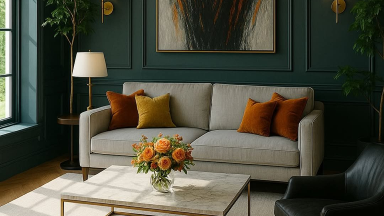 Deep emerald green living room with a gray sofa, orange velvet pillows, brass wall sconces, and a marble coffee table