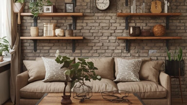 Living room with an exposed brick accent wall, tan sofa with textured pillows, and wood shelving styled with plants and vintage objects