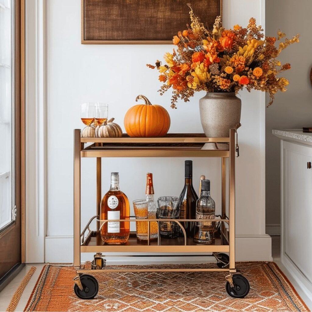 Gold bar cart styled with a pumpkin, whiskey glasses, and an orange dried floral arrangement for apartment Thanksgiving decor