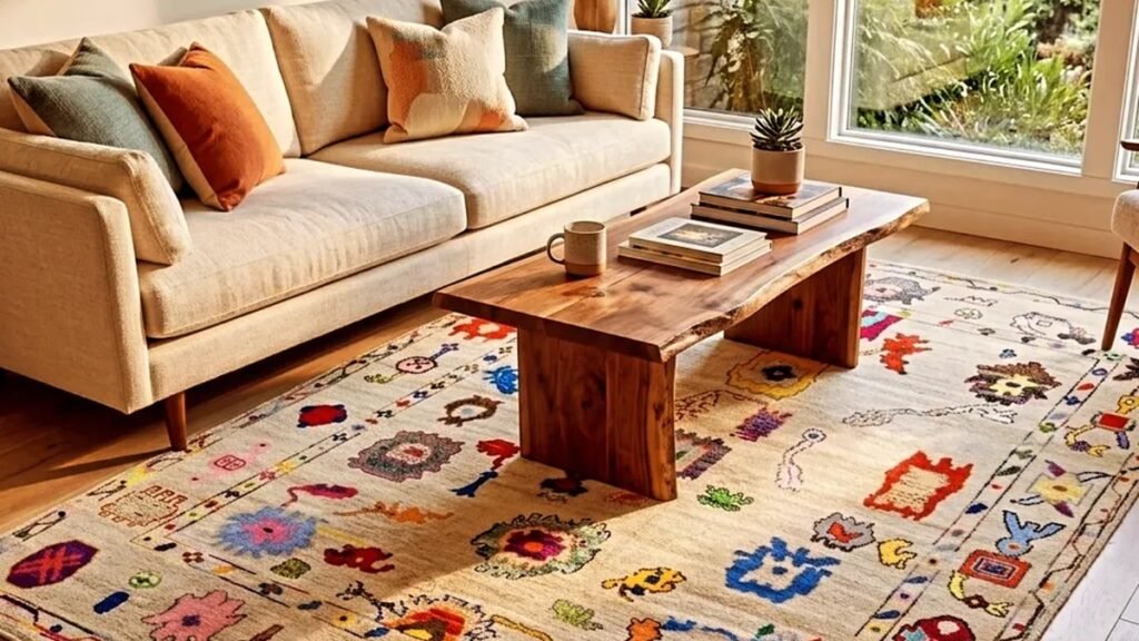 Colorful folk-motif patterned area rug anchoring a neutral beige living room