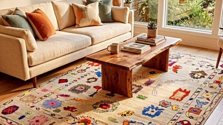 Colorful folk-motif patterned area rug anchoring a neutral beige living room