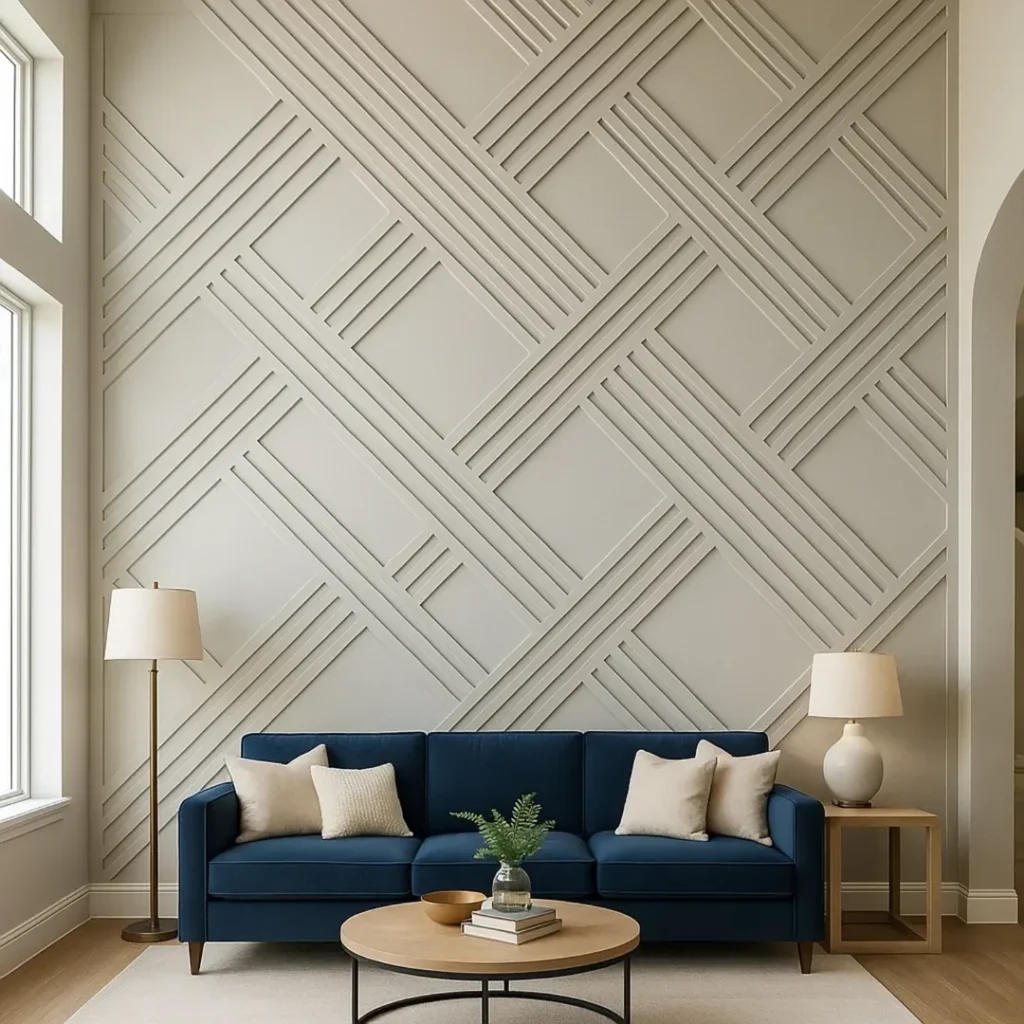Living room with a floor to ceiling geometric plaster panel accent wall and a navy blue sofa, no additional wall art