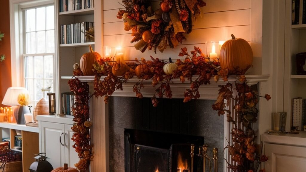 Fireplace mantel styled for late fall with oversized pumpkins, flickering candles, dried garland, and a dramatic wreath above the hearth