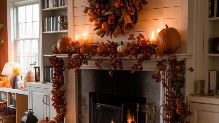 Fireplace mantel styled for late fall with oversized pumpkins, flickering candles, dried garland, and a dramatic wreath above the hearth