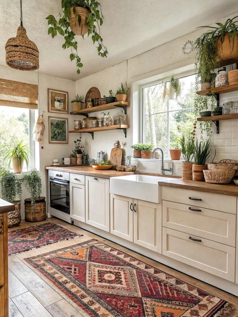 Boho kitchen with white cabinets, wood countertops, layered vintage kilim runners, and abundant trailing and potted plants on open wood shelves beside a bright window