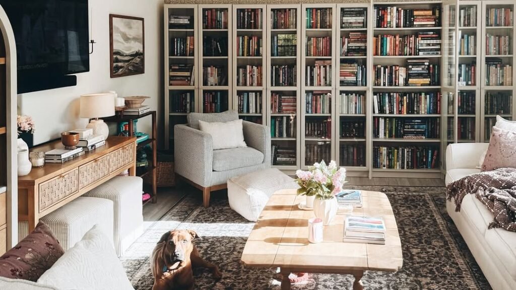 Living room with floor-to-ceiling bookshelves, a striped armchair, and a dog lying on the rug beside a wood coffee table styled with fresh flowers and books