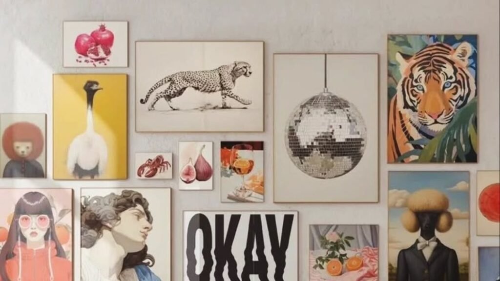 Eclectic living room gallery wall with mismatched frames featuring a tiger print, cheetah sketch, disco ball art, and vintage portraits above a cream sofa