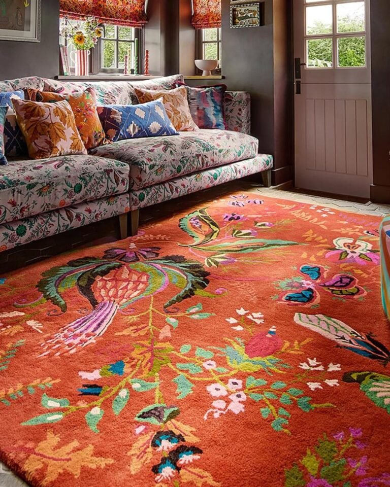 Living room with a maximalist hand-tufted rug in burnt orange, peacock blue, forest green, and hot pink florals, paired with a botanical-print sofa on warm wood floors