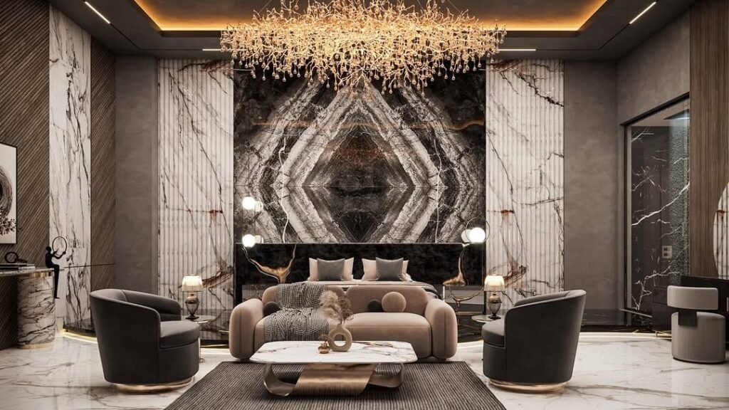 Living room with a bookmatched marble feature wall, a gold branch chandelier, and dark swivel accent chairs