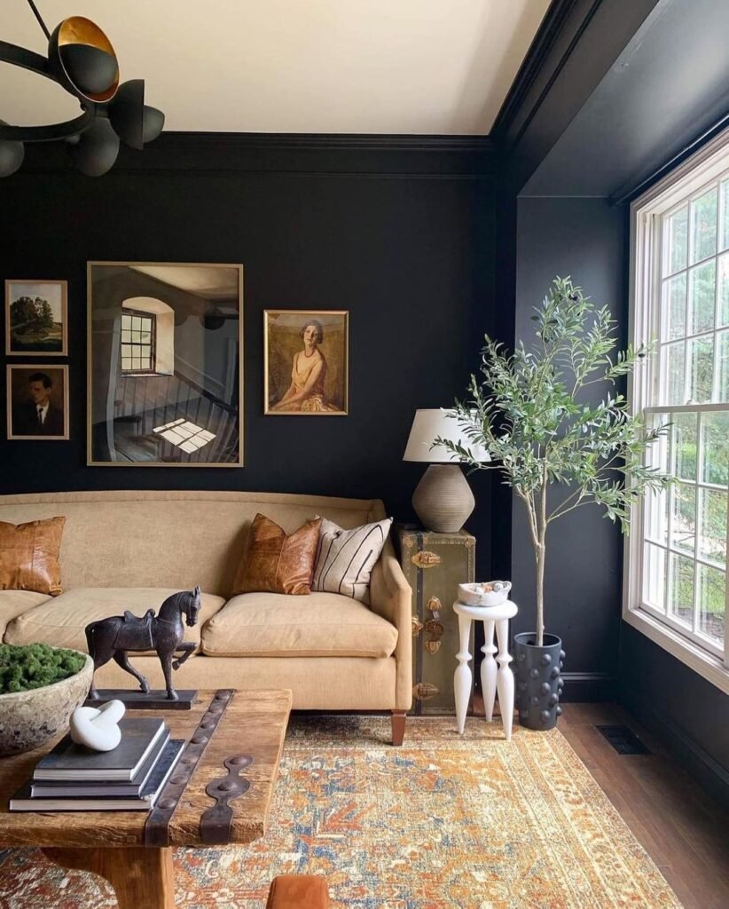 Living room with black-painted walls and trim, a tan sofa with leather cushions, a framed gallery wall, an olive tree by the window, and a warm patterned rug.