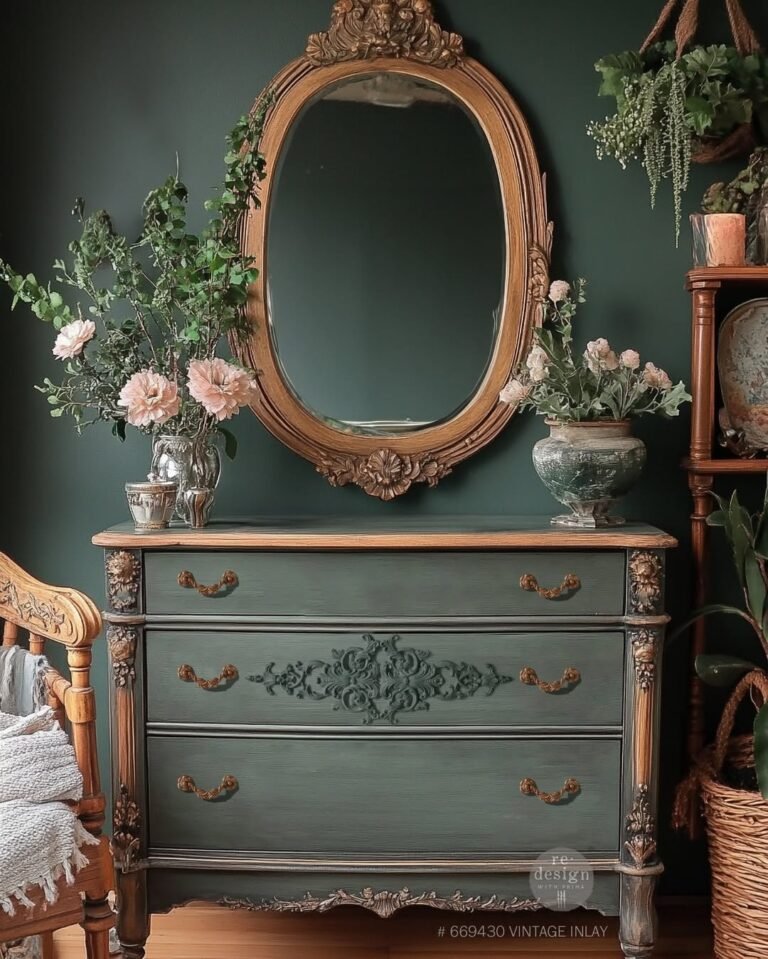 Sage-green antique dresser with ornate carved corners and gilt detailing, styled with pink garden roses, trailing ivy, and mercury glass against a deep green wall