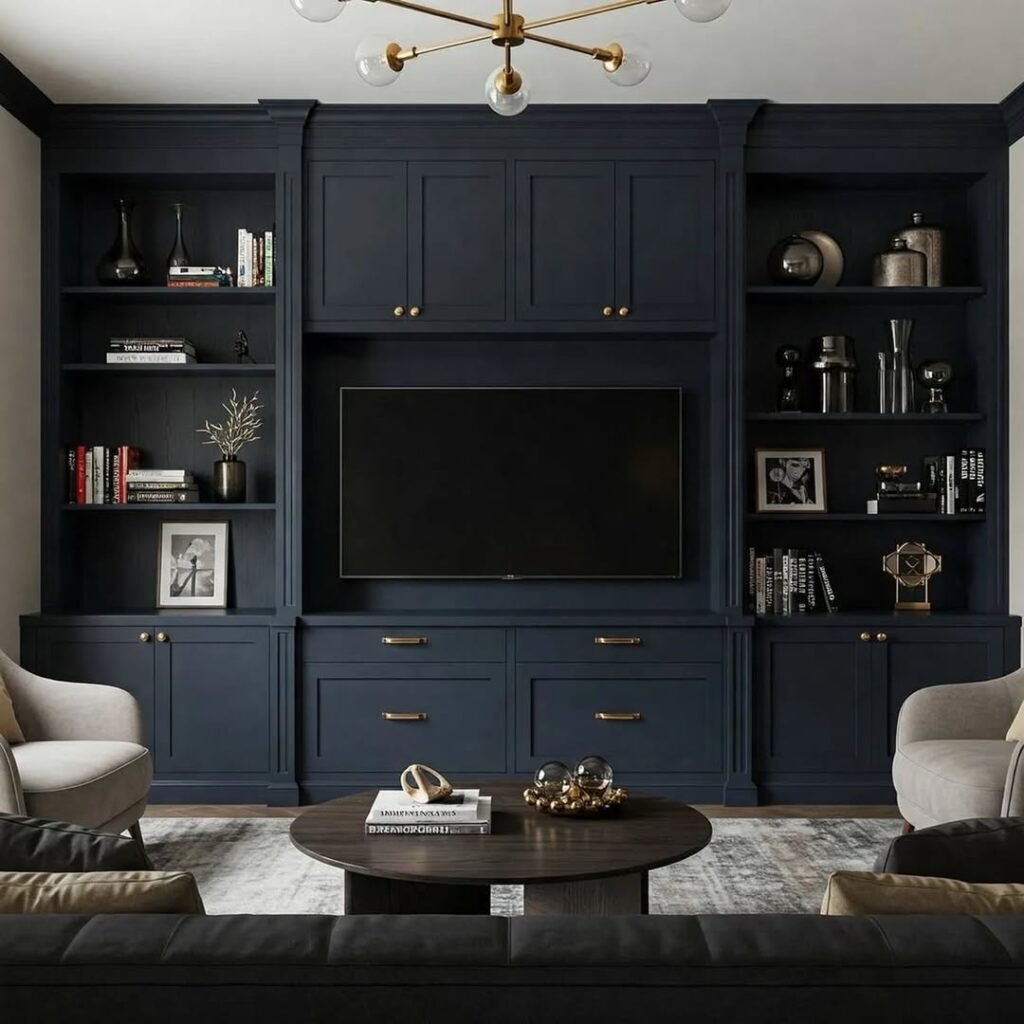 Living room with a floor-to-ceiling ink navy built-in wall unit, brass knobs and picture lights, combining storage, display shelving, and a media niche in one composition